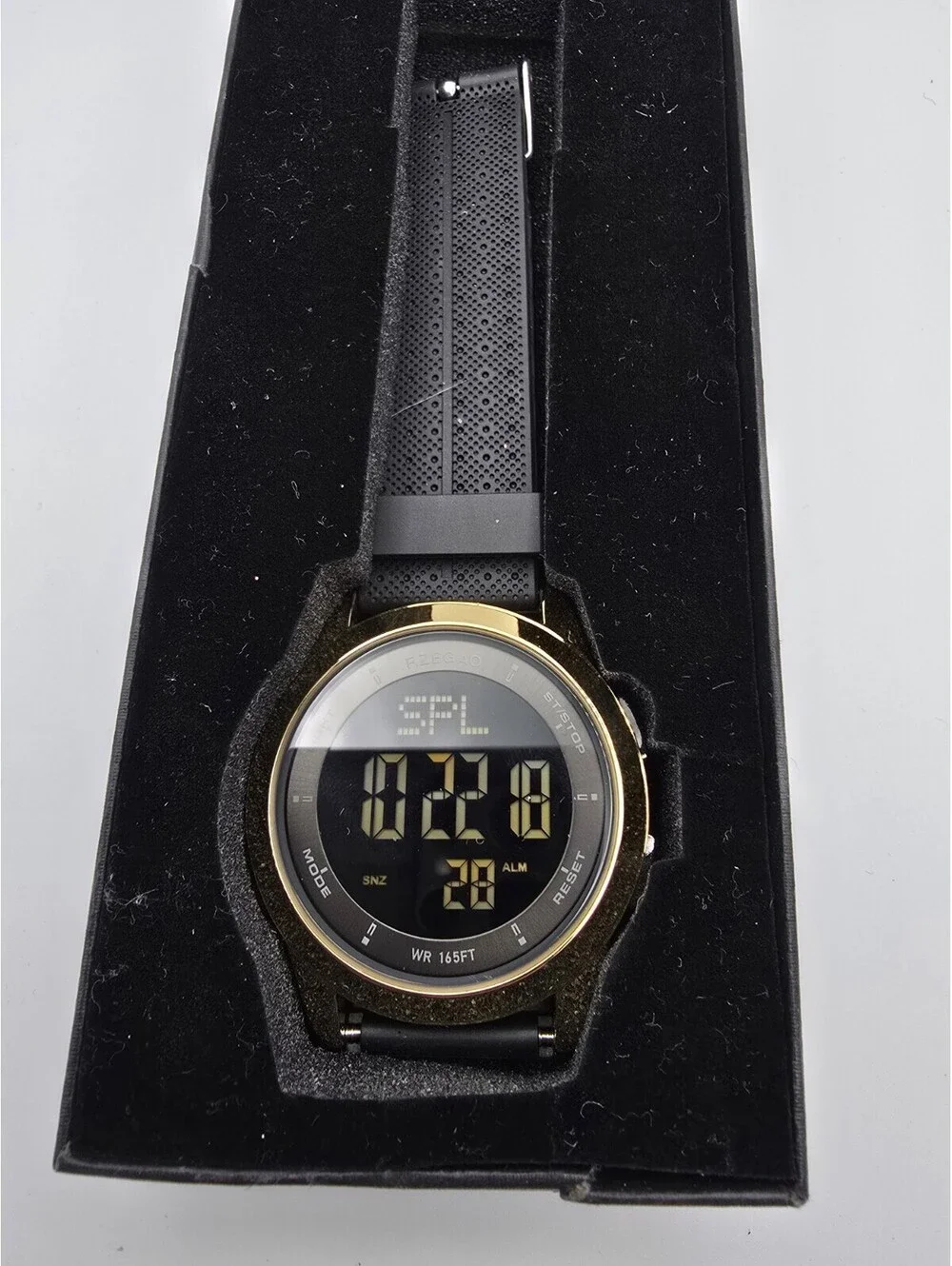 Fzegao Quartz Digital Sport Wristwatch Black Silicone Band Gold Case Alarm 50m